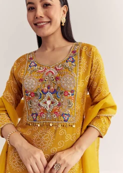 Yellow Dola Silk Printed Kurta Dupatta Set With Embroidered Neckline