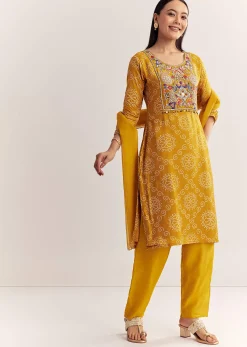 Yellow Dola Silk Printed Kurta Dupatta Set With Embroidered Neckline