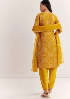 Yellow Dola Silk Printed Kurta Dupatta Set With Embroidered Neckline