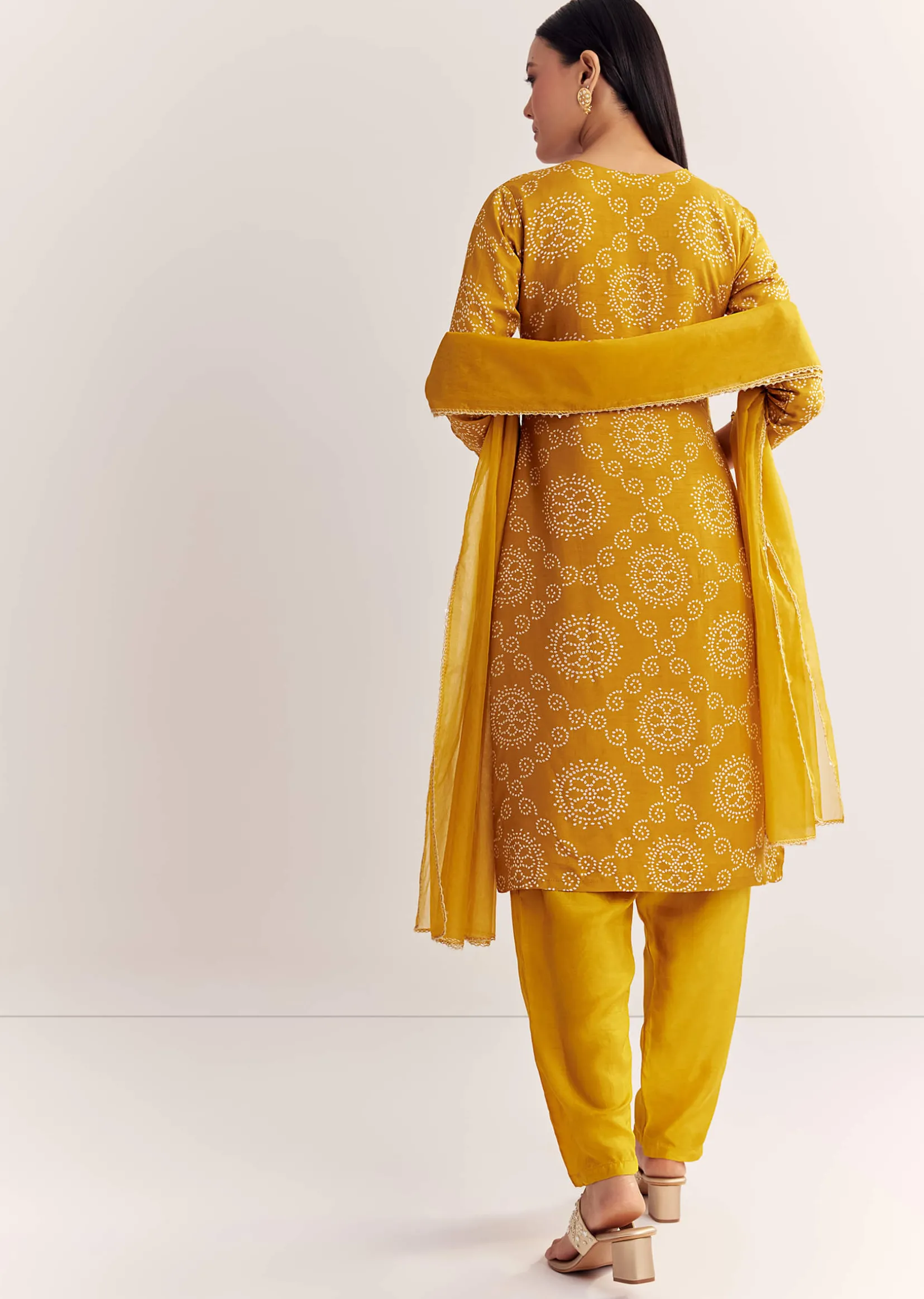 Yellow Dola Silk Printed Kurta Dupatta Set With Embroidered Neckline