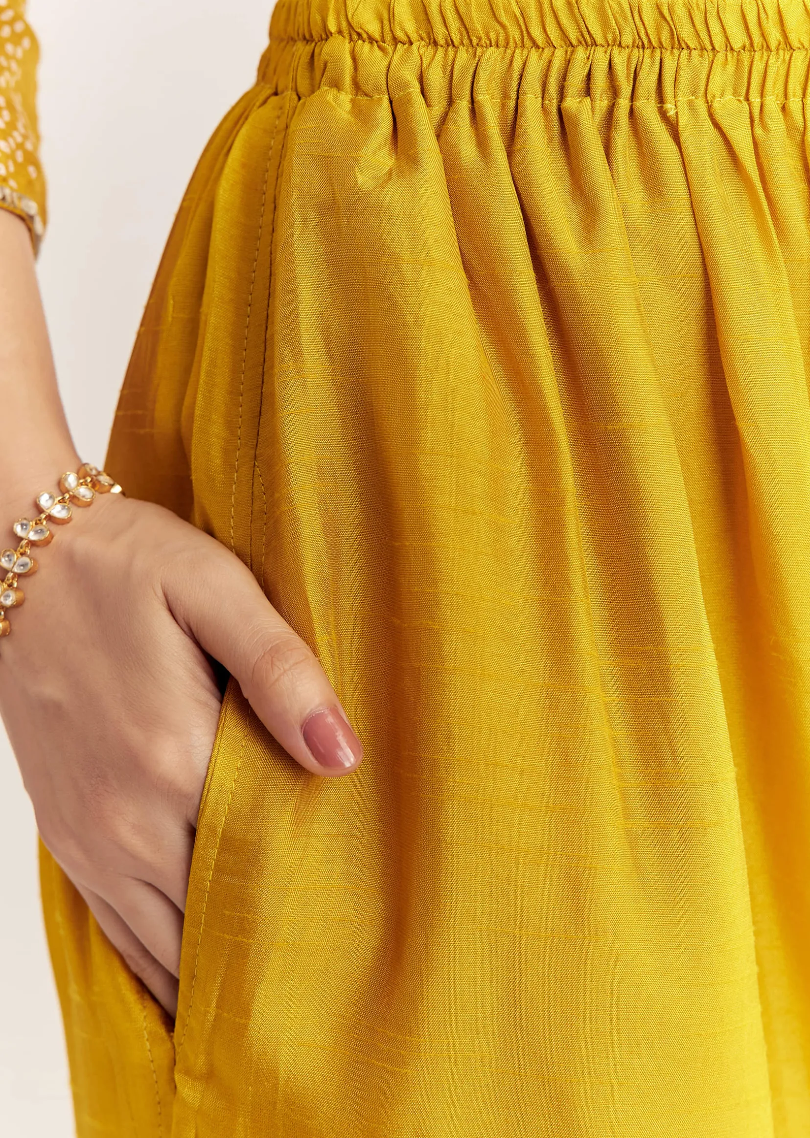 Yellow Dola Silk Printed Kurta Dupatta Set With Embroidered Neckline