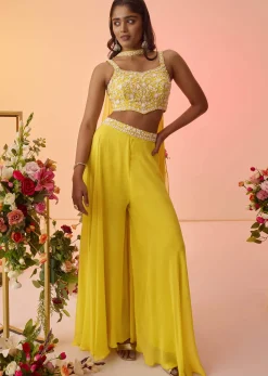 Yellow Embellished Croptop Palazzo Set With Dupatta