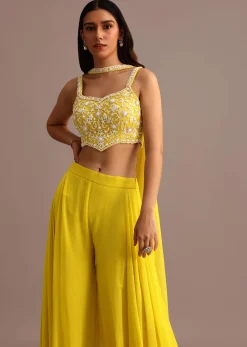 Yellow Embellished Croptop Palazzo Set With Dupatta