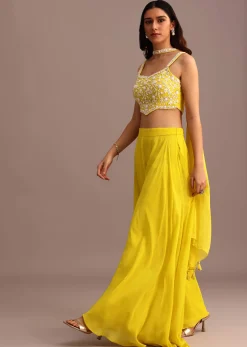 Yellow Embellished Croptop Palazzo Set With Dupatta