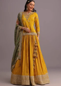 Yellow Embellished Kurta Lehenga With Printed Dupatta