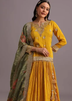 Yellow Embellished Kurta Lehenga With Printed Dupatta