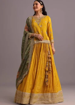 Yellow Embellished Kurta Lehenga With Printed Dupatta