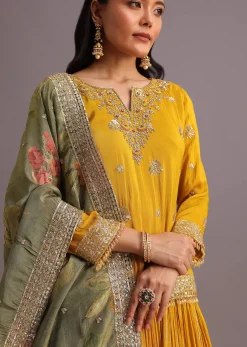 Yellow Embellished Kurta Lehenga With Printed Dupatta