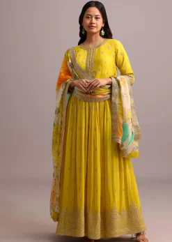 Yellow Embroidered Anarkali With Floral Printed Organza Dupatta