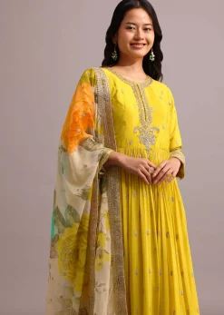Yellow Embroidered Anarkali With Floral Printed Organza Dupatta