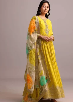 Yellow Embroidered Anarkali With Floral Printed Organza Dupatta