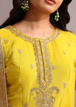 Yellow Embroidered Anarkali With Floral Printed Organza Dupatta