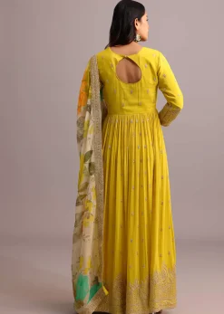 Yellow Embroidered Anarkali With Floral Printed Organza Dupatta