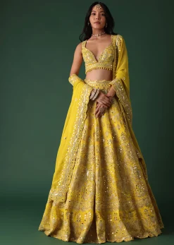 Yellow Embroidered Bridal Lehenga And Blouse Set With Mirror Work