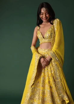 Yellow Embroidered Bridal Lehenga And Blouse Set With Mirror Work