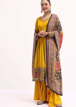 Yellow Embroidered Crepe Kurta Palazzo Set