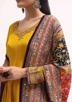Yellow Embroidered Crepe Kurta Palazzo Set