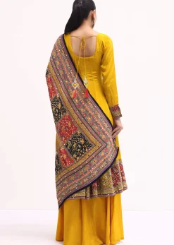 Yellow Embroidered Crepe Kurta Palazzo Set