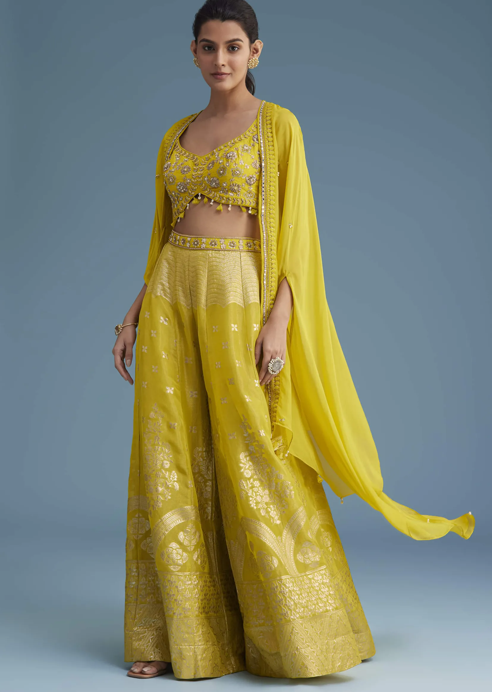 Yellow Embroidered Croptop With Banarasi Weave Palazzo And Lace Jacket