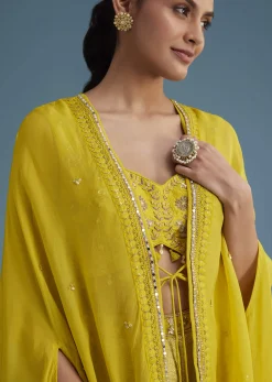 Yellow Embroidered Croptop With Banarasi Weave Palazzo And Lace Jacket