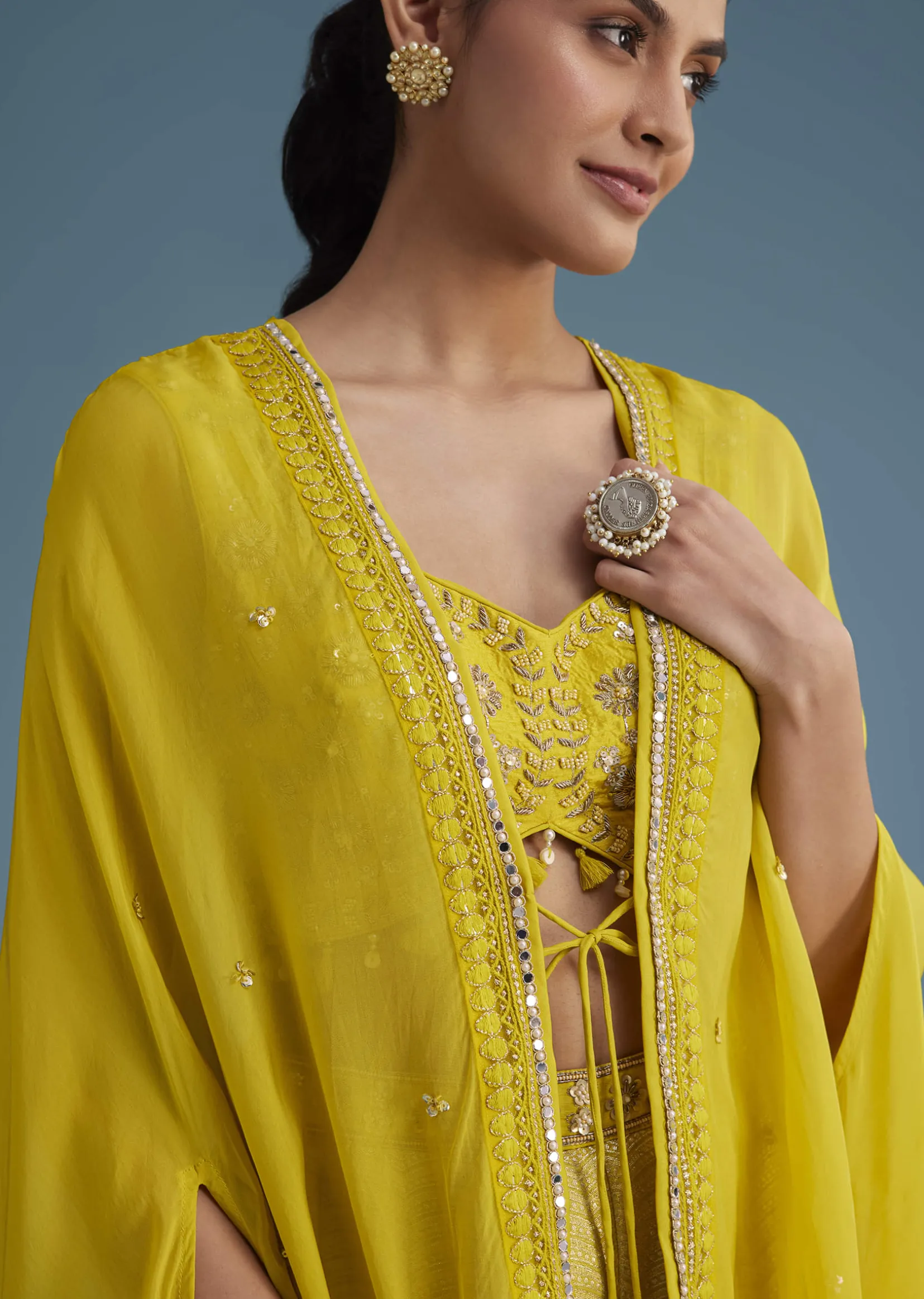 Yellow Embroidered Croptop With Banarasi Weave Palazzo And Lace Jacket