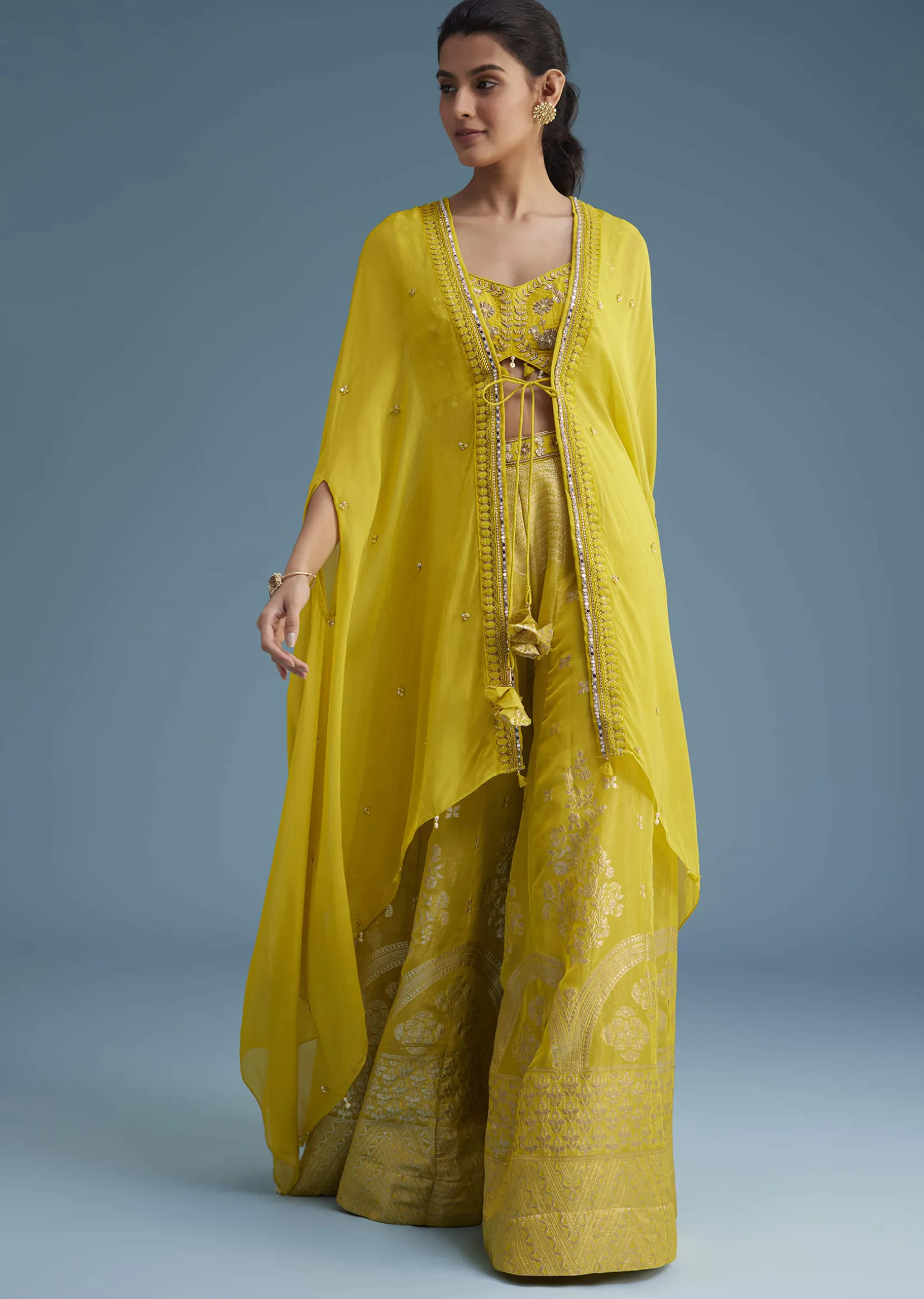Yellow Embroidered Croptop With Banarasi Weave Palazzo And Lace Jacket