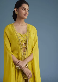 Yellow Embroidered Croptop With Banarasi Weave Palazzo And Lace Jacket