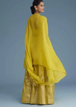 Yellow Embroidered Croptop With Banarasi Weave Palazzo And Lace Jacket