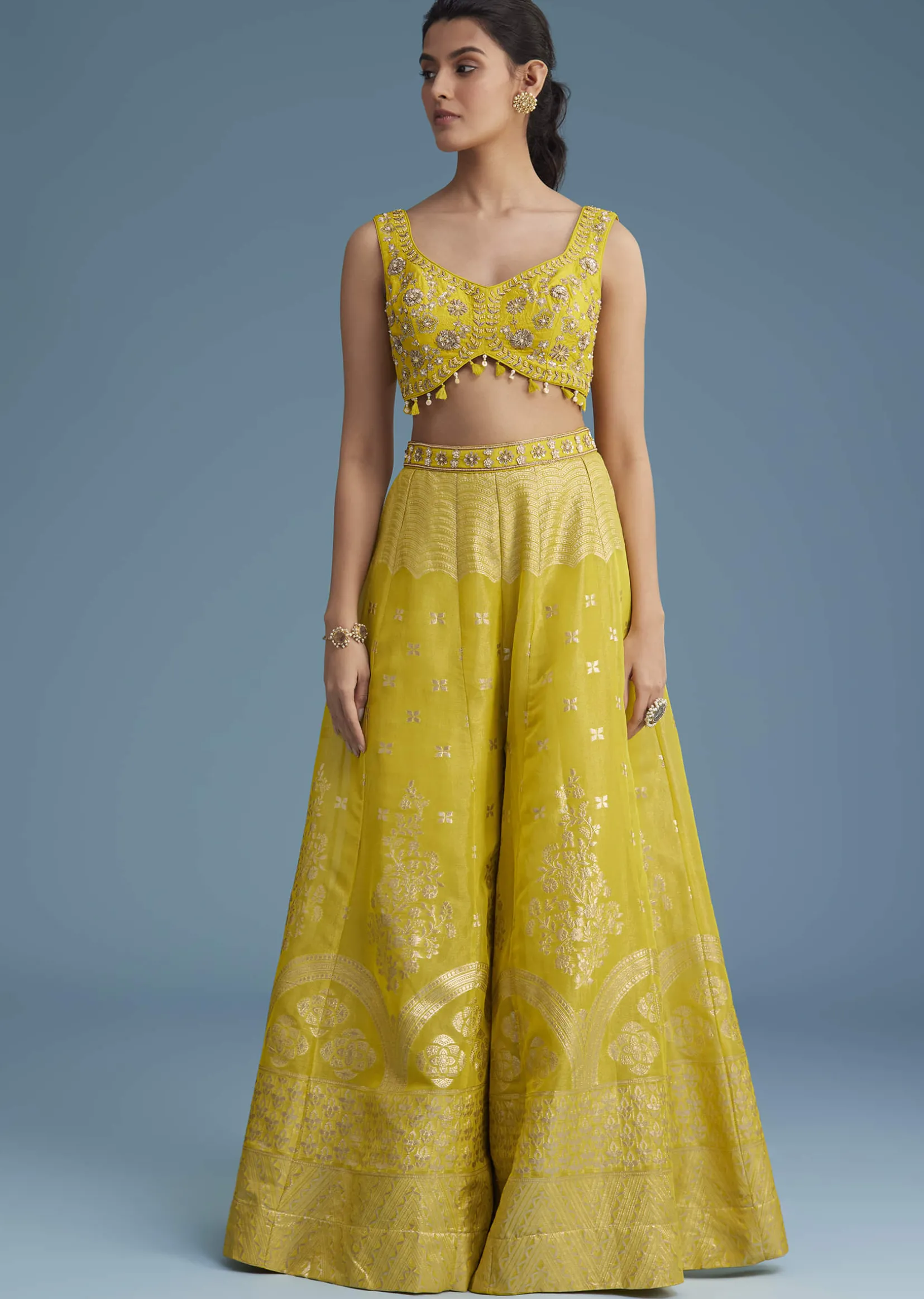Yellow Embroidered Croptop With Banarasi Weave Palazzo And Lace Jacket