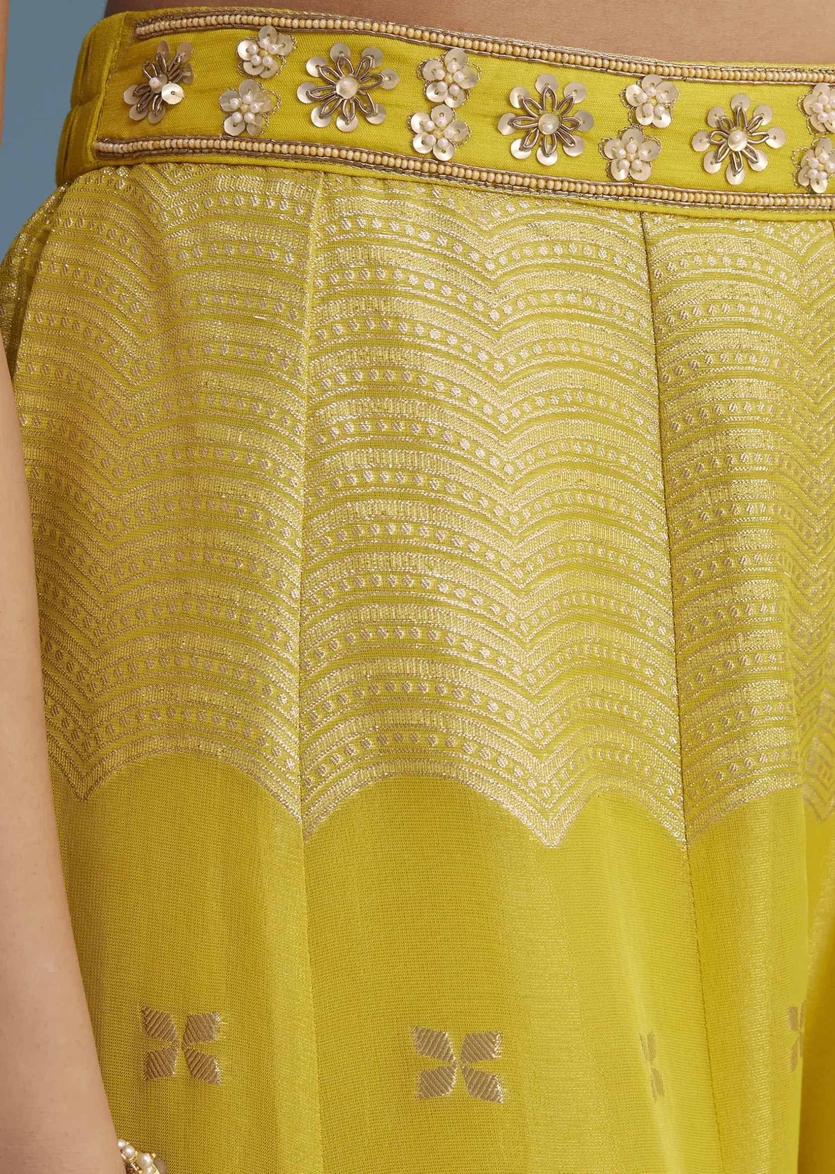 Yellow Embroidered Croptop With Banarasi Weave Palazzo And Lace Jacket
