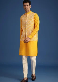 Yellow Embroidered Jacket And Kurta Set In Silk