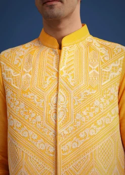 Yellow Embroidered Jacket And Kurta Set In Silk