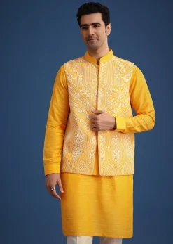 Yellow Embroidered Jacket And Kurta Set In Silk