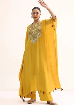 Yellow Embroidered Kaftan Kurta Set