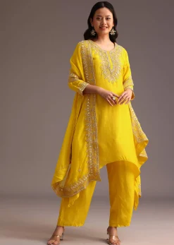 Yellow Embroidered Kurta Set With Chanderi Dupatta