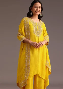 Yellow Embroidered Kurta Set With Chanderi Dupatta