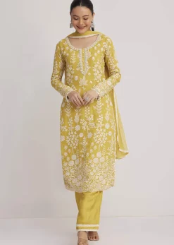 Yellow Embroidered Kurta Pant And Dupatta Set