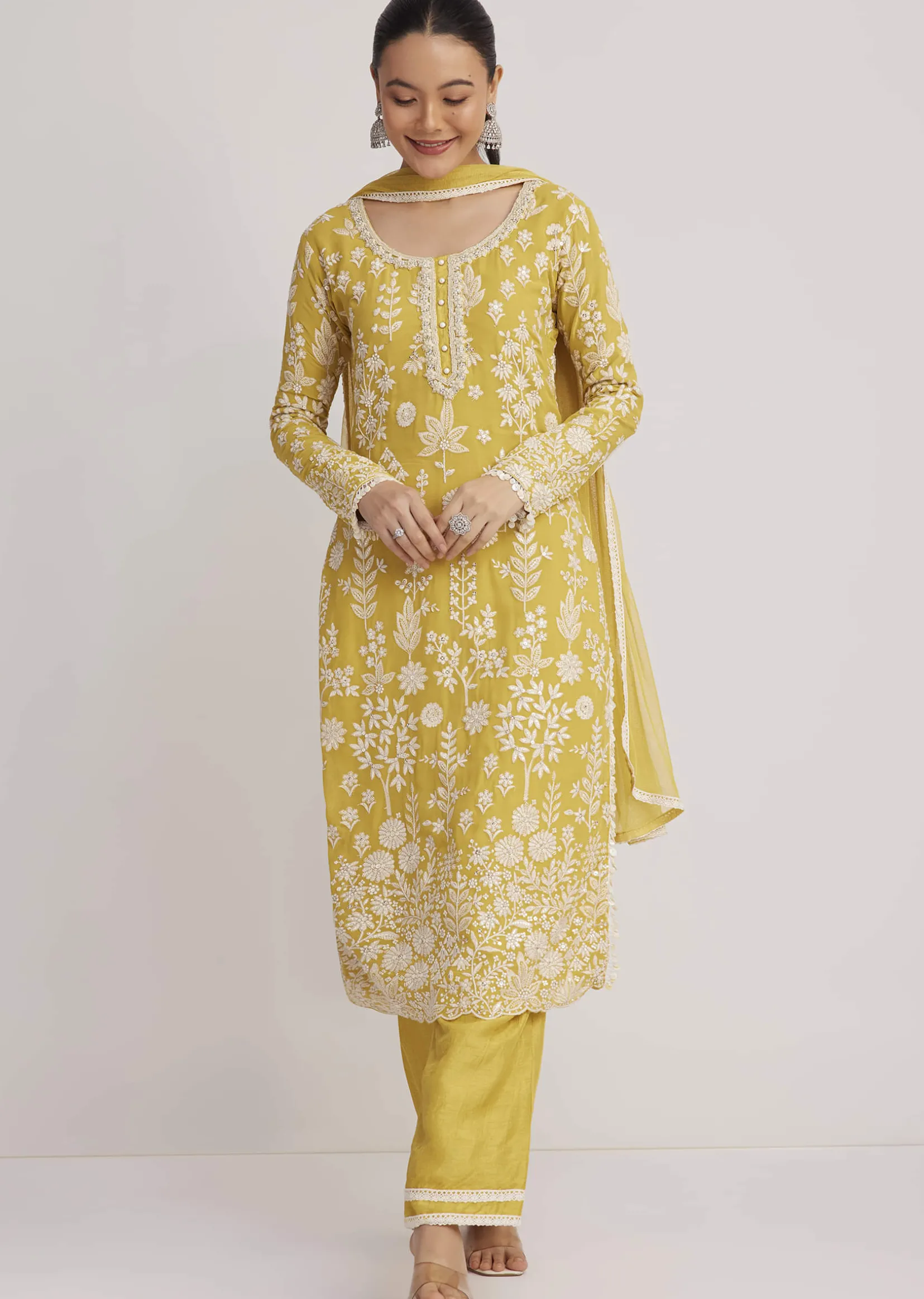 Yellow Embroidered Kurta Pant And Dupatta Set