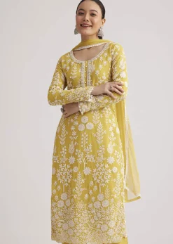 Yellow Embroidered Kurta Pant And Dupatta Set