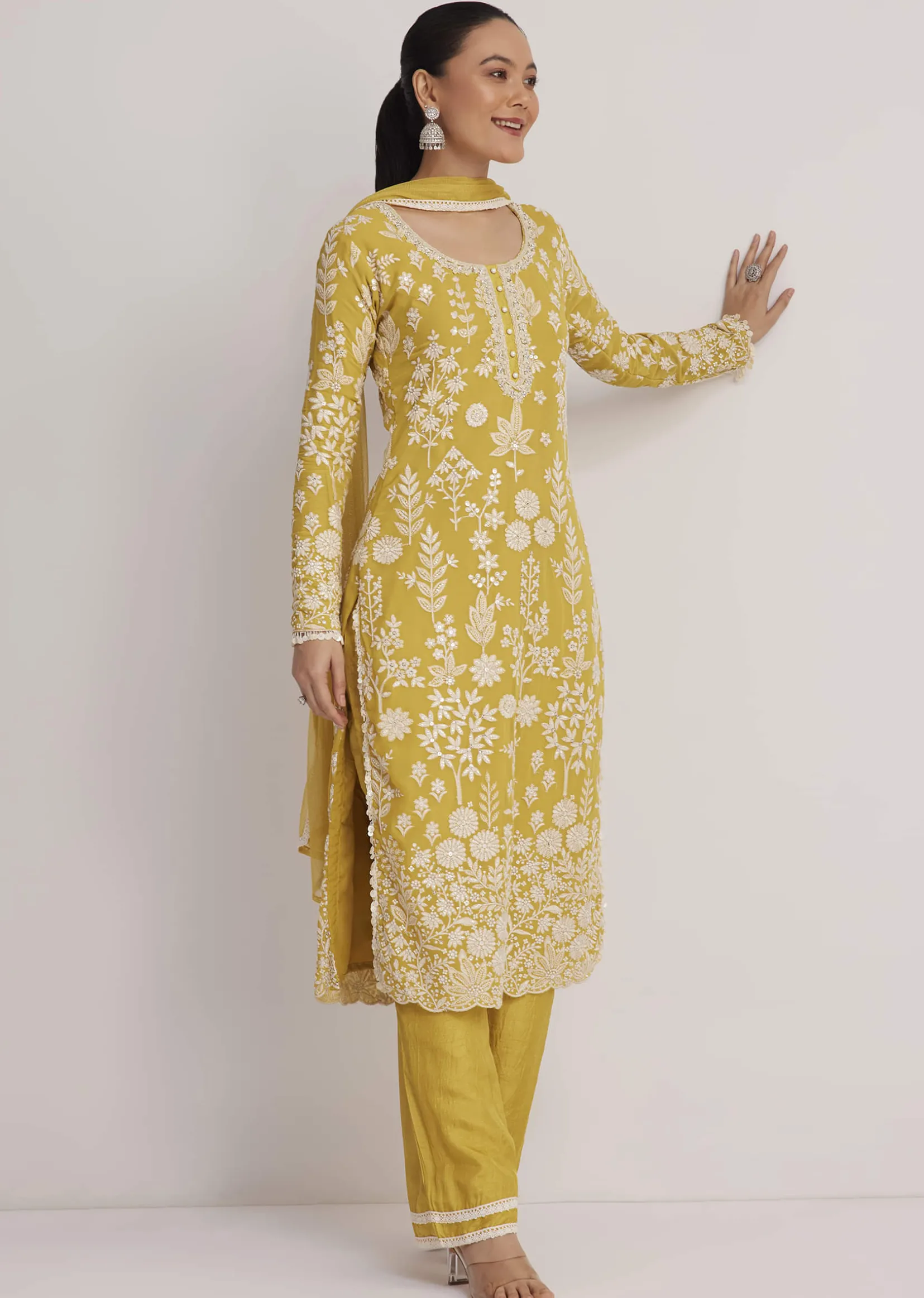Yellow Embroidered Kurta Pant And Dupatta Set
