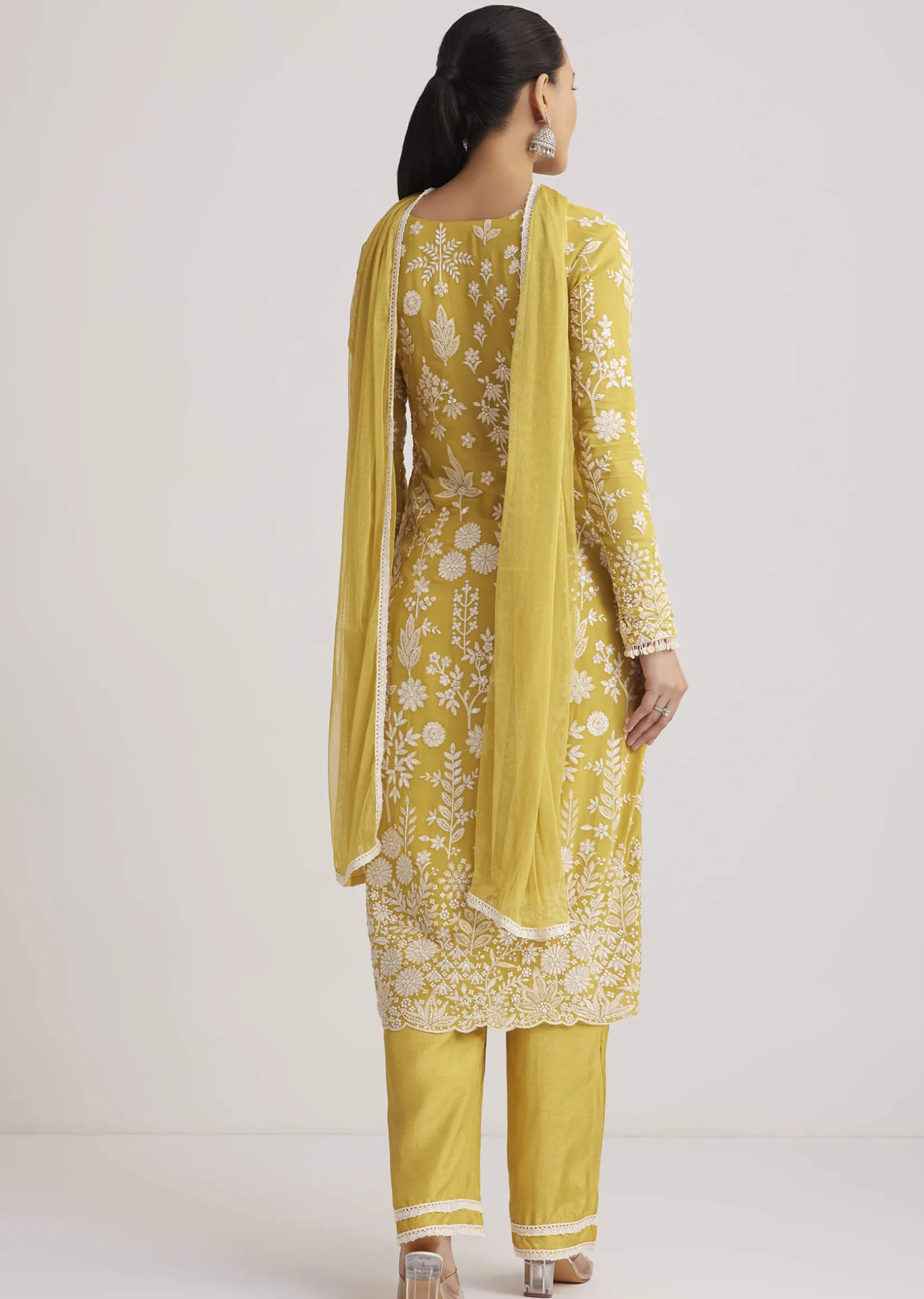 Yellow Embroidered Kurta Pant And Dupatta Set