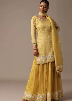 Yellow Embroidered Kurta Palazzo Set With Dupatta