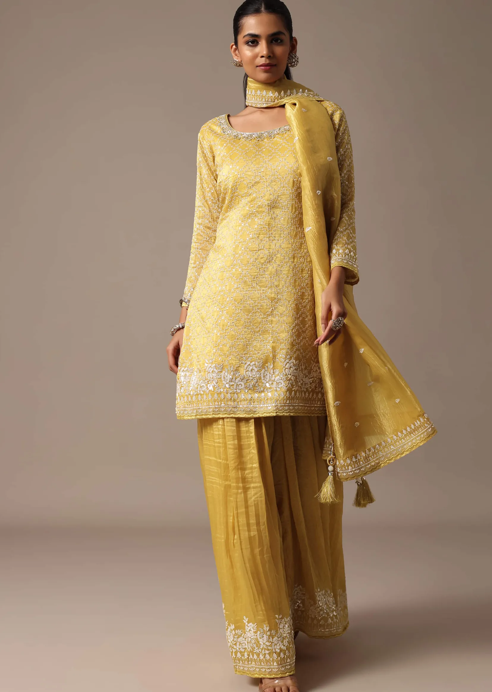 Yellow Embroidered Kurta Palazzo Set With Dupatta