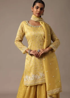 Yellow Embroidered Kurta Palazzo Set With Dupatta