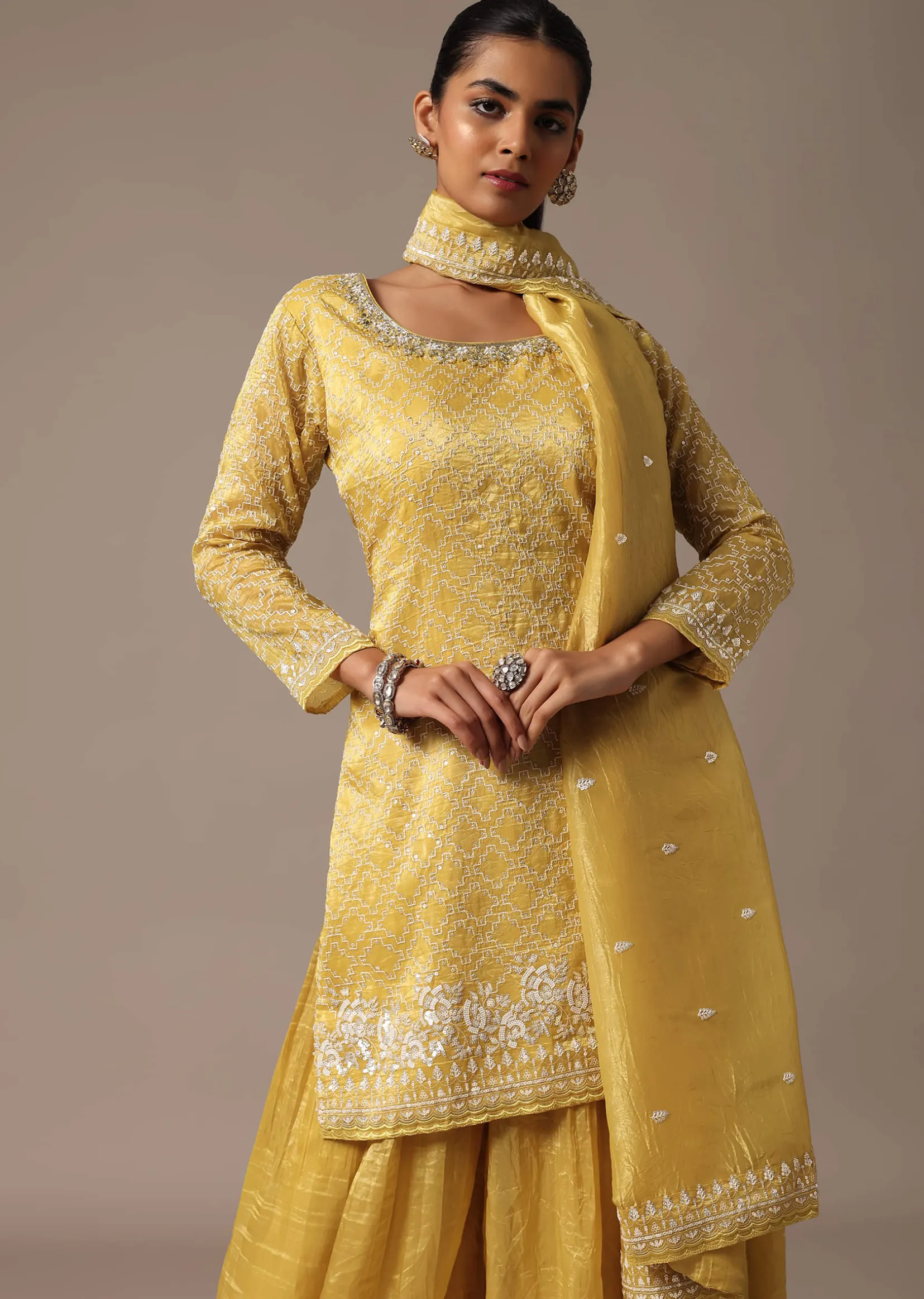 Yellow Embroidered Kurta Palazzo Set With Dupatta