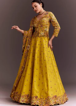 Yellow Embroidered Lehenga Set With Short Kurta And Dupatta