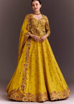 Yellow Embroidered Lehenga Set With Short Kurta And Dupatta