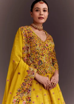 Yellow Embroidered Lehenga Set With Short Kurta And Dupatta