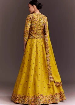 Yellow Embroidered Lehenga Set With Short Kurta And Dupatta