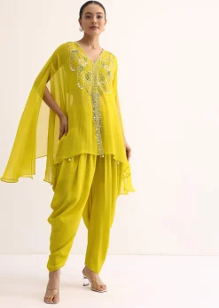Yellow Embroidered Organza Crop Top Set With Cape